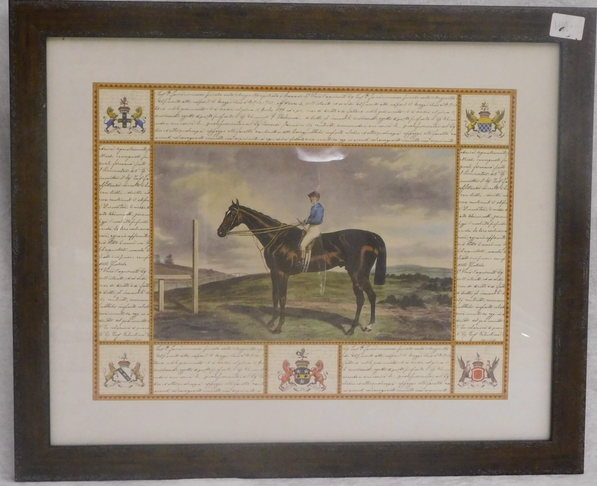 Tavla derbyhäst inglasad i träram mått 56 x45 cm.
